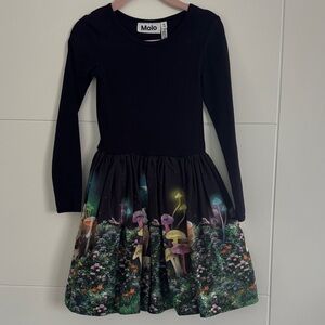 Molo Dark Navy Long-Sleeve Dress with Colorful Mushroom Print Skirt